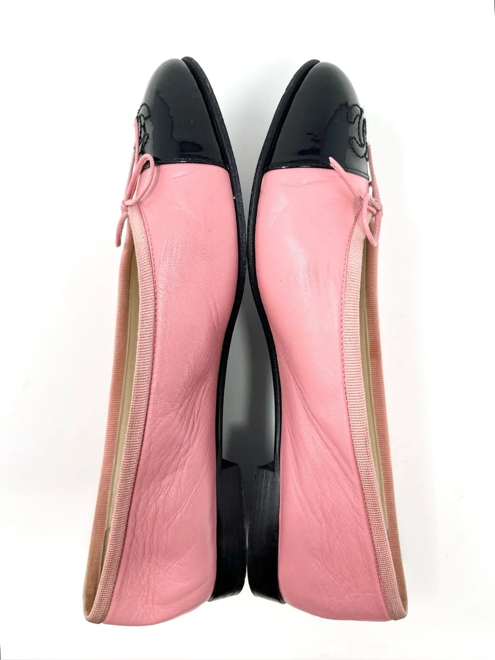 Chanel Pink Leather Black Cap Toe Two Tone CC Logo Bow Ballet Flats Shoes 36.5